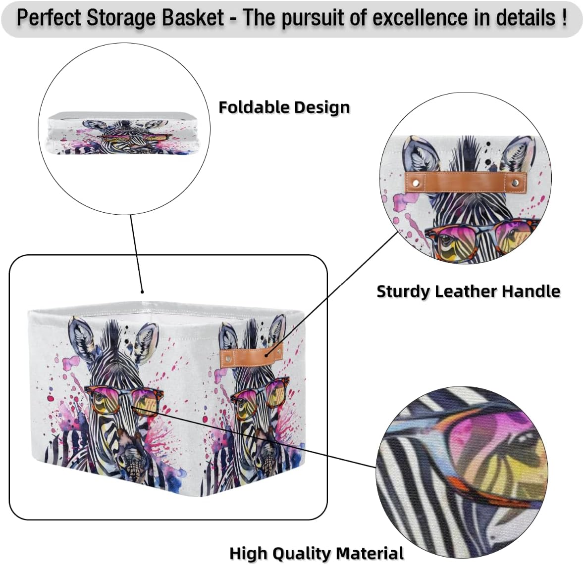 AUUXVA Watercolor Zebra Storage Basket Collapsible Cloth Storage Cube Basket Bins Organizer with Handles Rectangular Large Toys Shelf Closet for Nursery Bedroom Home Office