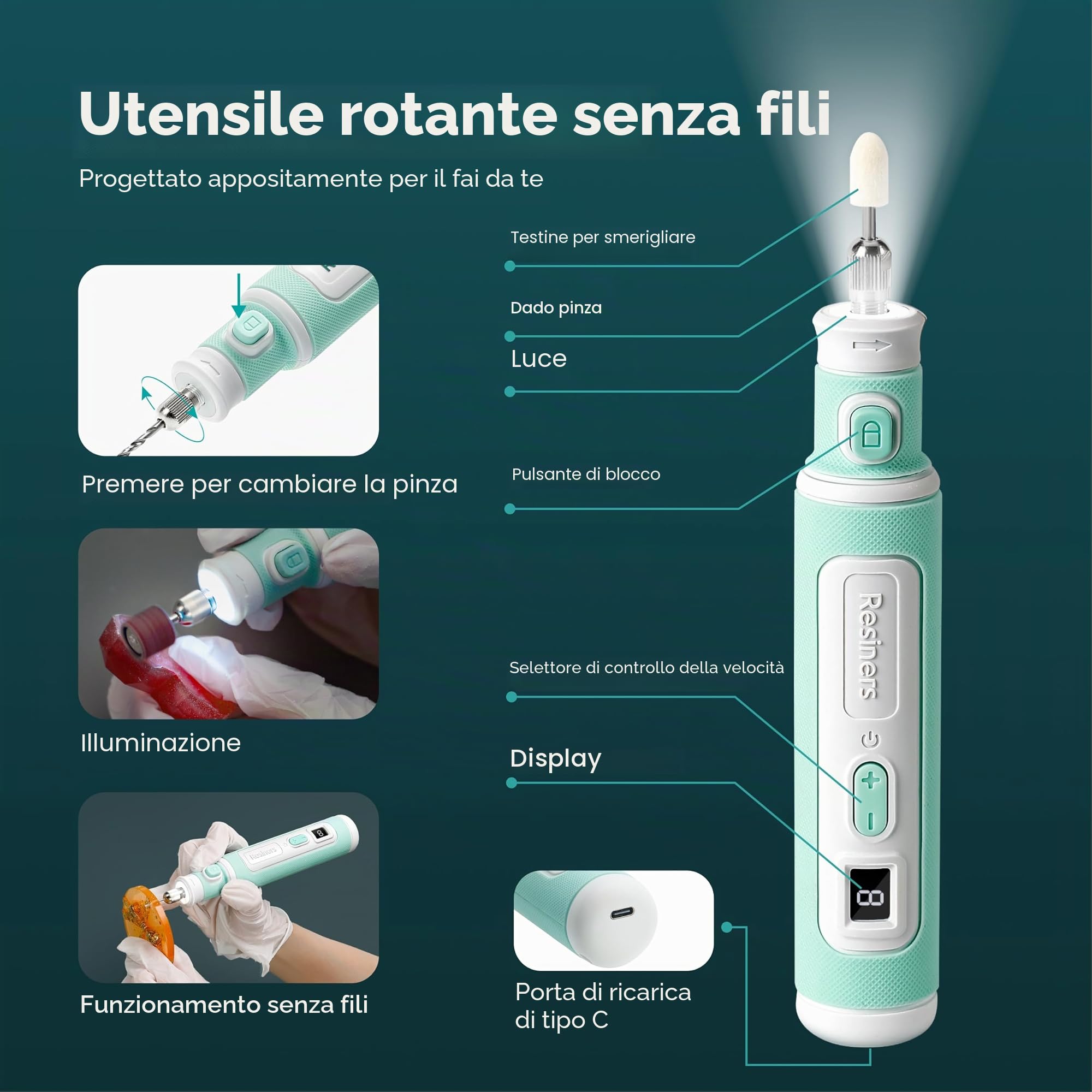 Resiners Kit di attrezzi rotativi senza fili,kit di perforazione e lucidatura in resina,regolabile a 5 velocità,kit elettrico da 54 pezzi per la creazione di gioielli per forare,lucidare,carteggiare