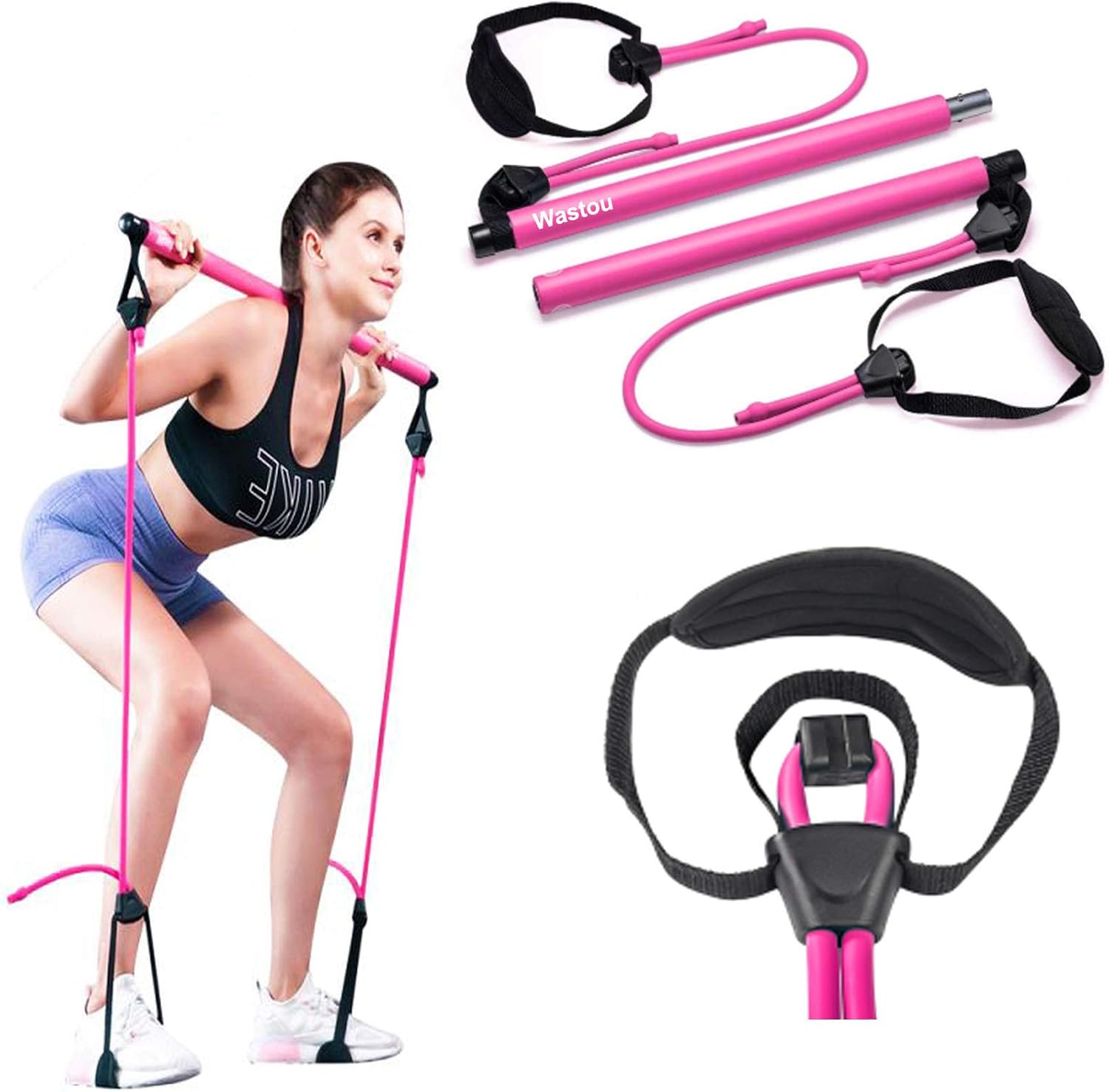 Pilates Bar, Wastou Portable Pilates Bar Kit with Adjustable Resistance Band for Different Height, Home Gym Exercise Stick Yoga Bar with Foot Loop for Hipsline, Stretching, Muscle Toning (Pink) : Sports & Outdoors