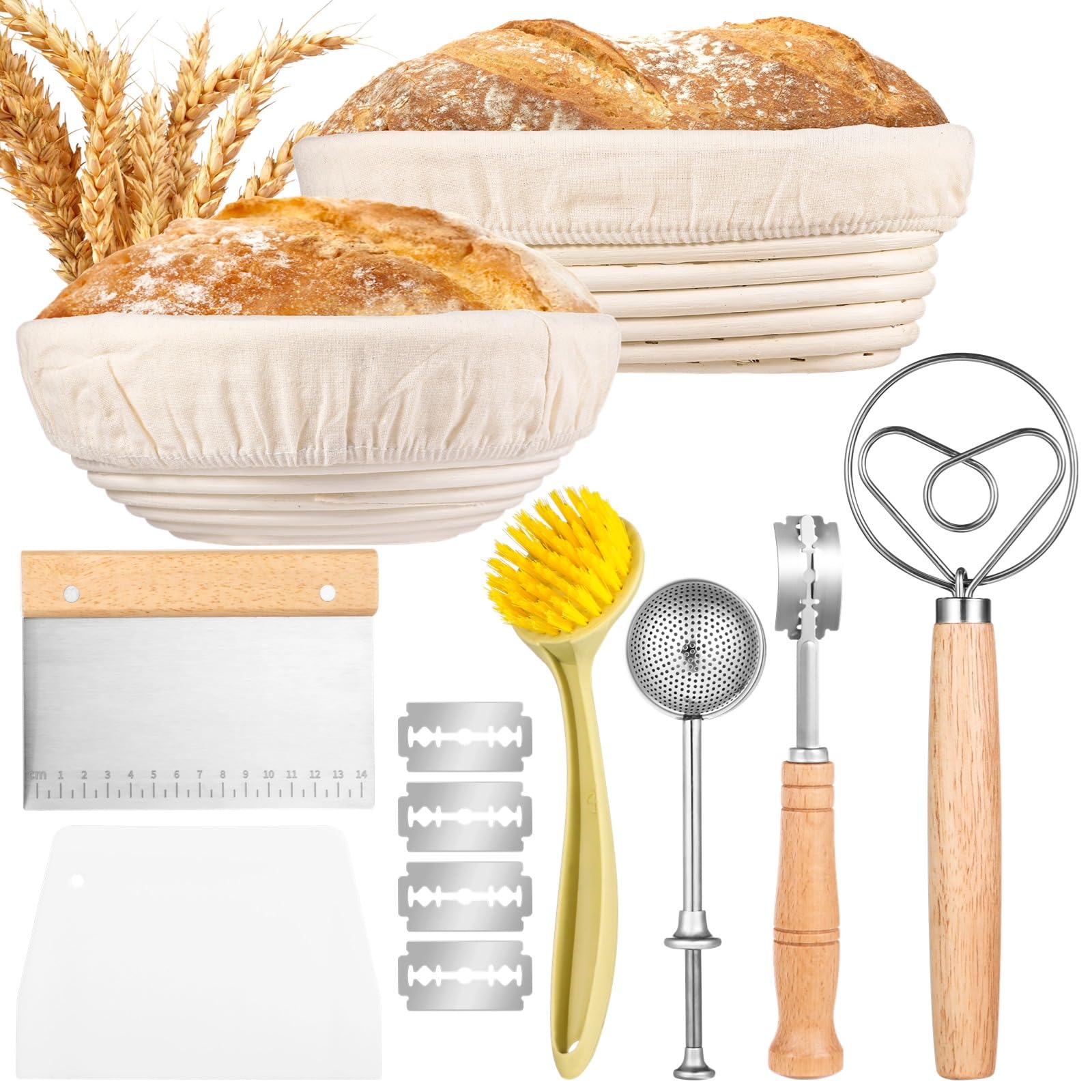 Banneton Brot Gärkörbe Set, 9 Zoll runder und 10 Zoll ovaler Backkorb mit Bäckerlame, dänischem Schneebesen, Teigschabern, Sieb und Reinigungsbürste, Sauerteig Werkzeugset, Brotbackwerkzeuge