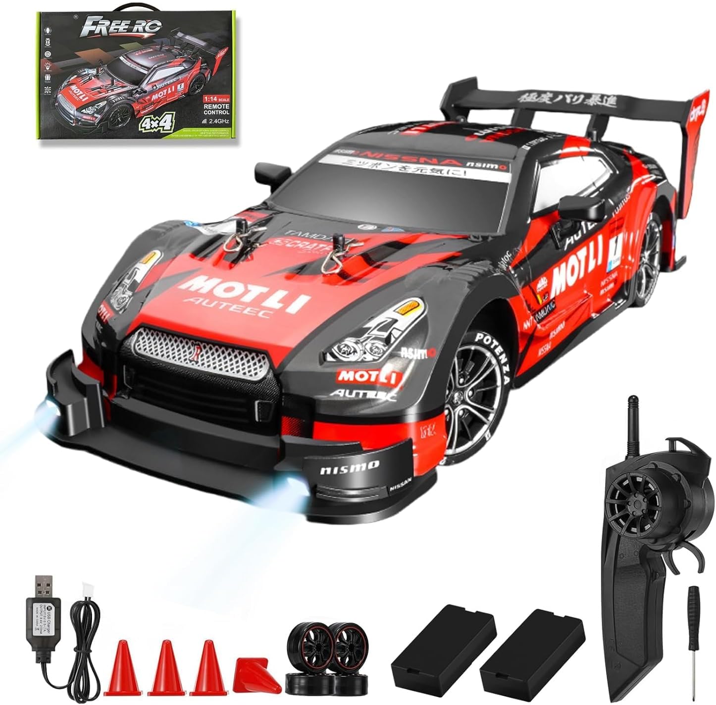 Free RC 1:14 Scale 4x4 High Speed Remote Control Drift Car 2.4GHz Racing Car with Dual Rechargeable Batteries, LED Lights, Spare Tires & Cones – Red Sports RC Car for Kids & Adults