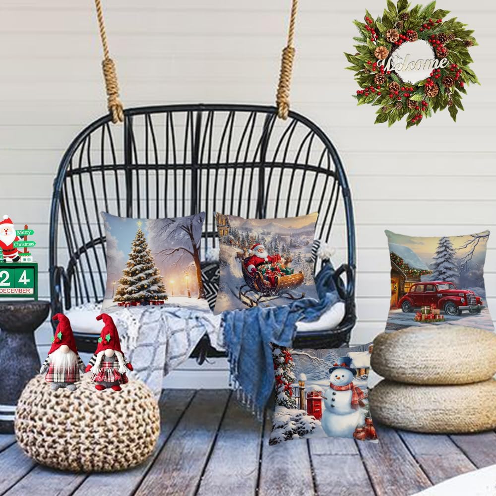 YeeJu Set of 4 Christmas Pillow Covers 20x20 Inch Merry Christmas Pillow Cases Velvet Farmhouse Xmas Holiday Outdoor Couch Sofa Cushion Covers for Christmas Decorations(20)