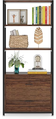 Miniatura 9 de Tribesigns Bookcase, 4-Tier Rustic Bookshelf with 2 Drawers, Etagere Standard Book Shelves Display Shelf for Home Office
