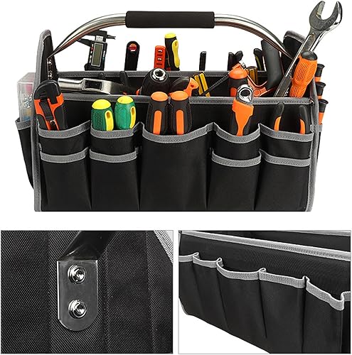 Miniatura 8 de Bolsa de herramientas para electricista, tapa abierta, de gran capacidad, multifuncional, mango de acero duradero, organizador de almacenamiento