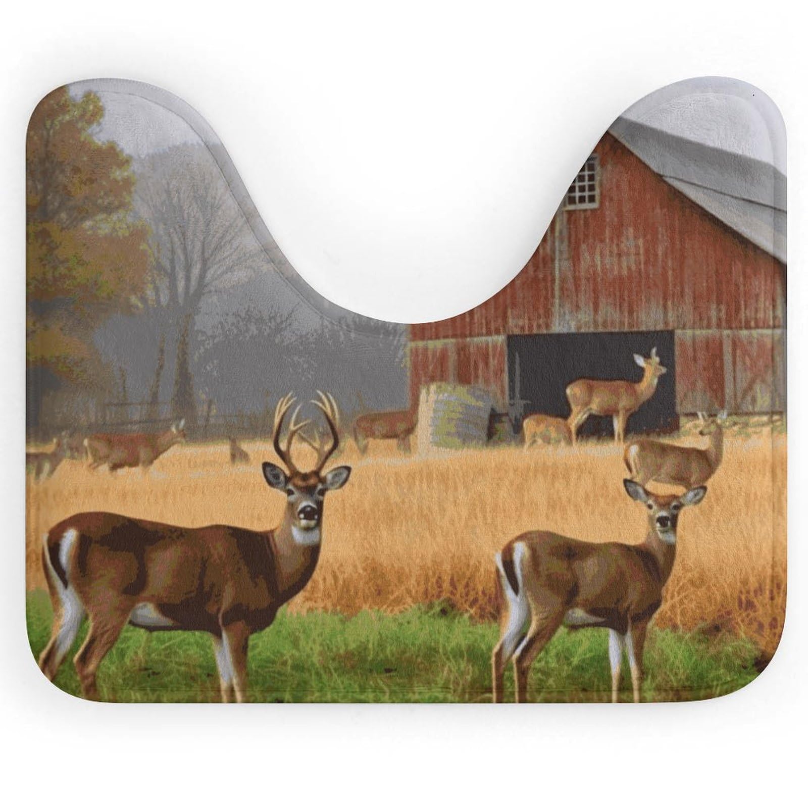 Farm with Deer Toilet Rugs U Shaped Bath Mat Soft Coral Velect Bathroom Rug Non Slip Floor Mat Water Absorbent Toilet Mat Cute Bath Tub Carpets