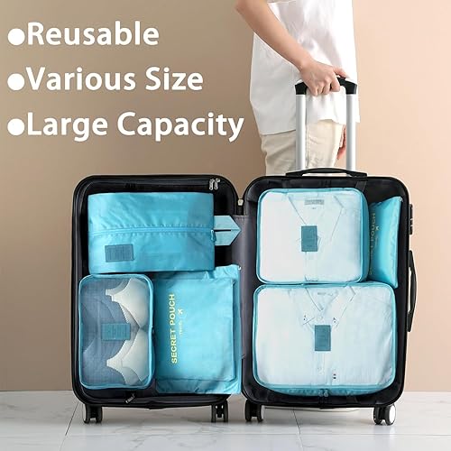 Vista 9 de INVODA 7 cubos de embalaje de varios tamaños para maletas de viaje, bolsas organizadoras, bolsas de viaje ligeras (azul cielo)