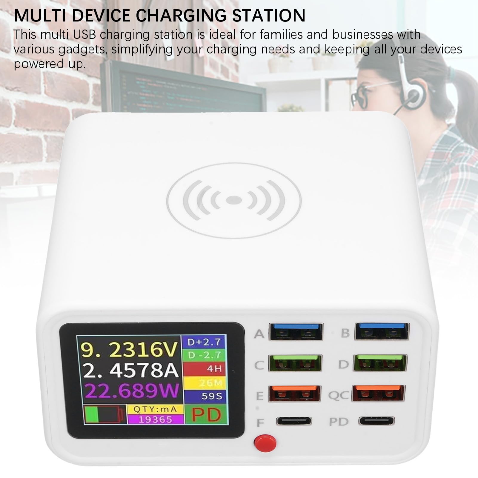 banapoy Estación Carga USB 65W y 8 Puertos, Concentrador Carga Rápida Múltiples Dispositivos con Inalámbrica y Pantalla Visualización, para Tabletas Teléfonos Inteligentes (Enchufe de la UE)