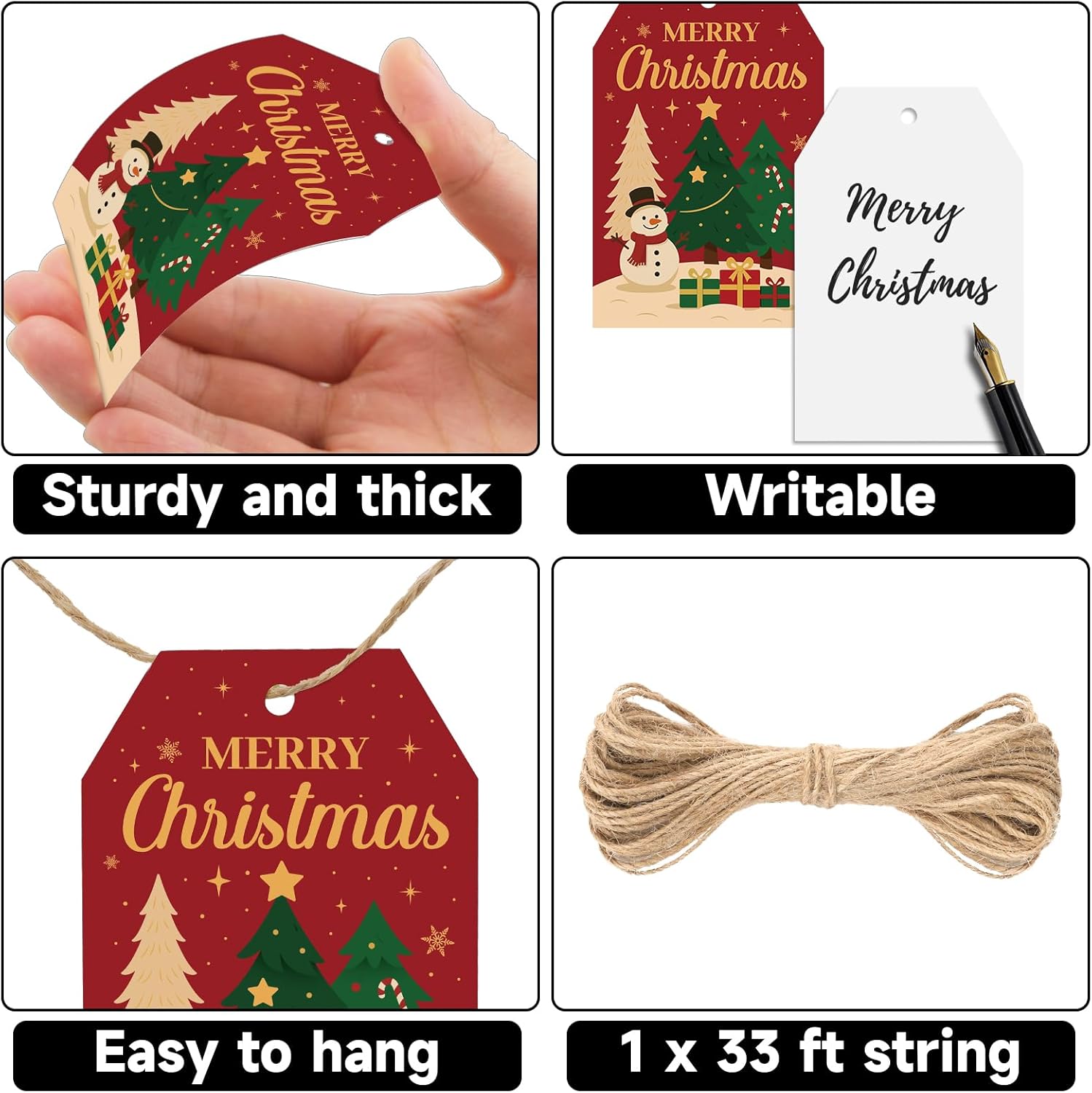 G2PLUS Merry Christmas Tags - 50Pcs Red Christmas Paper Gift Tags with String, Xmas Tree Tag for Gift Wrapping, Candy Bags, DIY Crafts, Holiday Party Favors (3.3x2.2 in) - Image 3