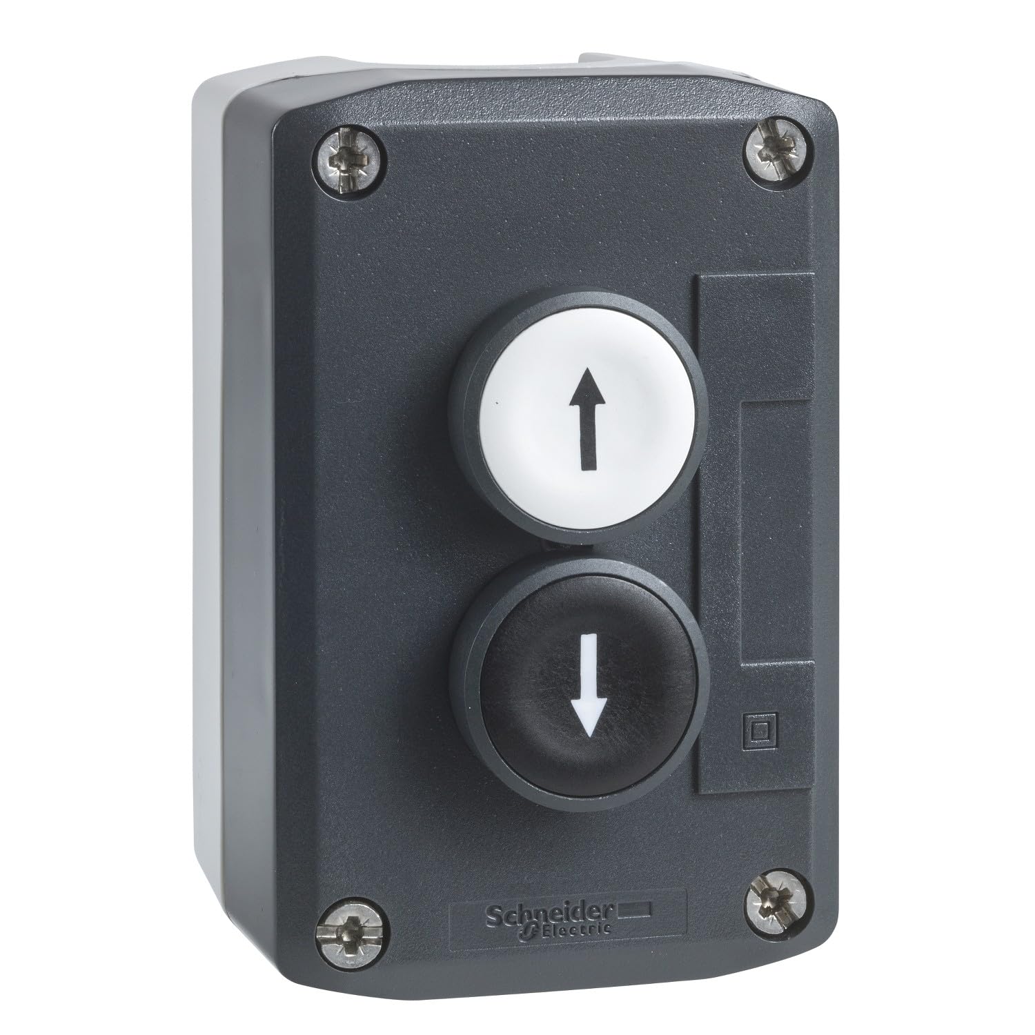 Schneider Electric Control station, plastic, dark grey lid, 2 flush push buttons Ø22, marked UP ARROW DOWN ARROW, 2 NO