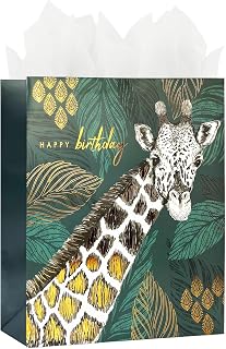 LEAYUGF 13" Large Happy Birthday Giraffe Gift Bag with Tissue Paper Leaves For Birthday Christmas Anniversaries Supplies with Handles