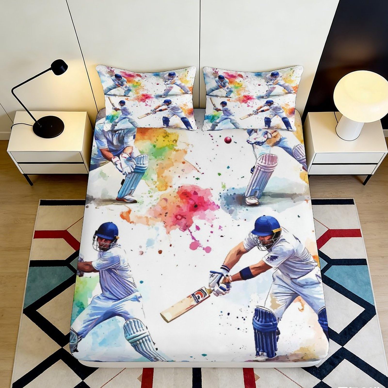 3D Printed Cricket Action Fitted Sheet Microfiber Soft Breathable Color Splash Bed Cover for Bedroom Guest Room Decor 90x200x25cm
