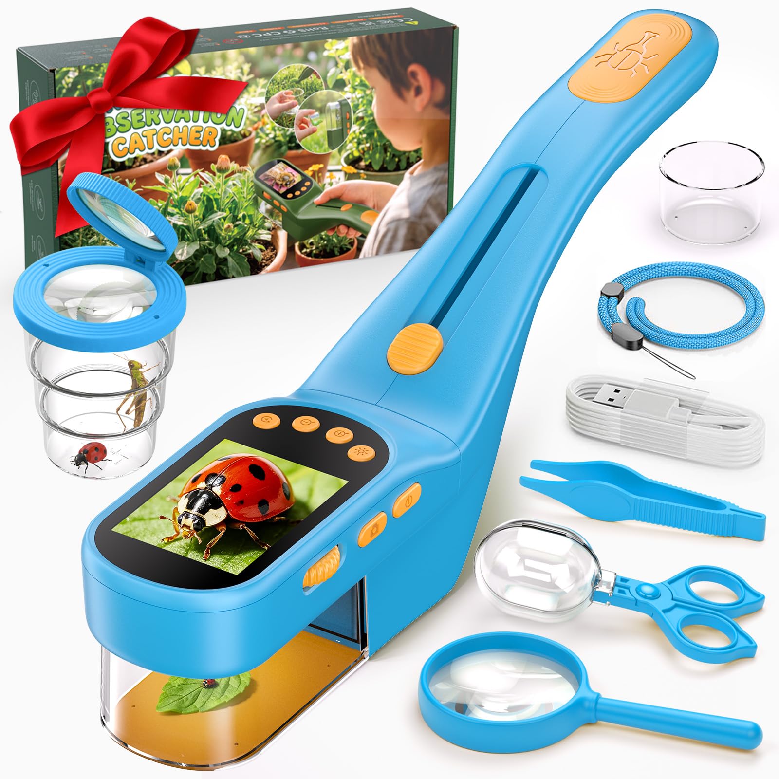 Catcher for Kids with 2.4" Screen, 500X Bug Magnifier, Photo & Video Recording | Portable Bug Hunting Kit with Clear Observation Window, Outdoor Adventure Collecting (Blue)