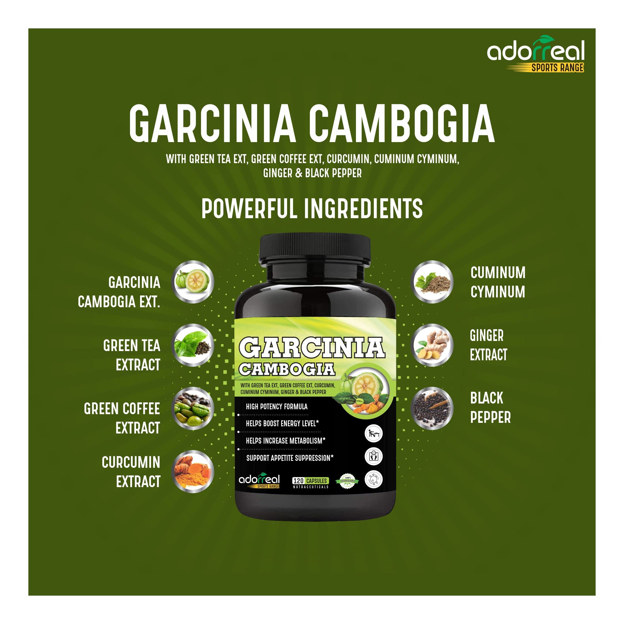 Adorreal Garcinia Cambogia 120 capsules,Green tea, Green Coffee, Curcumin, Ginger and Black pepper Extract| Weight Loss Supplement | Improves Digestion | 1