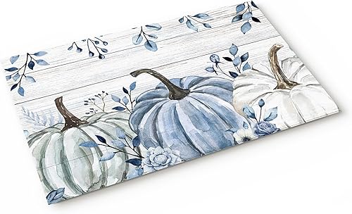 Miniatura 1 de ALAGEO Tapete de otoño con diseño de calabaza azul, tapete de bienvenida para el piso, calabazas blancas y azules, de madera, para otoño, cosecha de