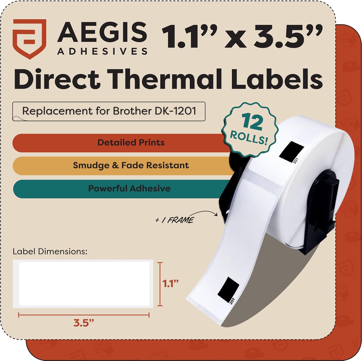 Aegis Adhesives - Replacement for Brother DK-1201 (12 Rolls, 4800 Total) 1.1" X 3.5" Direct Thermal Address Labels with Reusable Frame - Compatible with QL Printers, QL-800, QL-810W, QL-820NWB