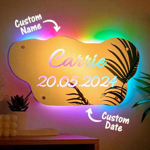 Miniatura 40 de VEELU Espejo con nombre personalizado – Espejo con luz LED – Letrero con nombre personalizado para decoración de pared – Decoración de dormitorio