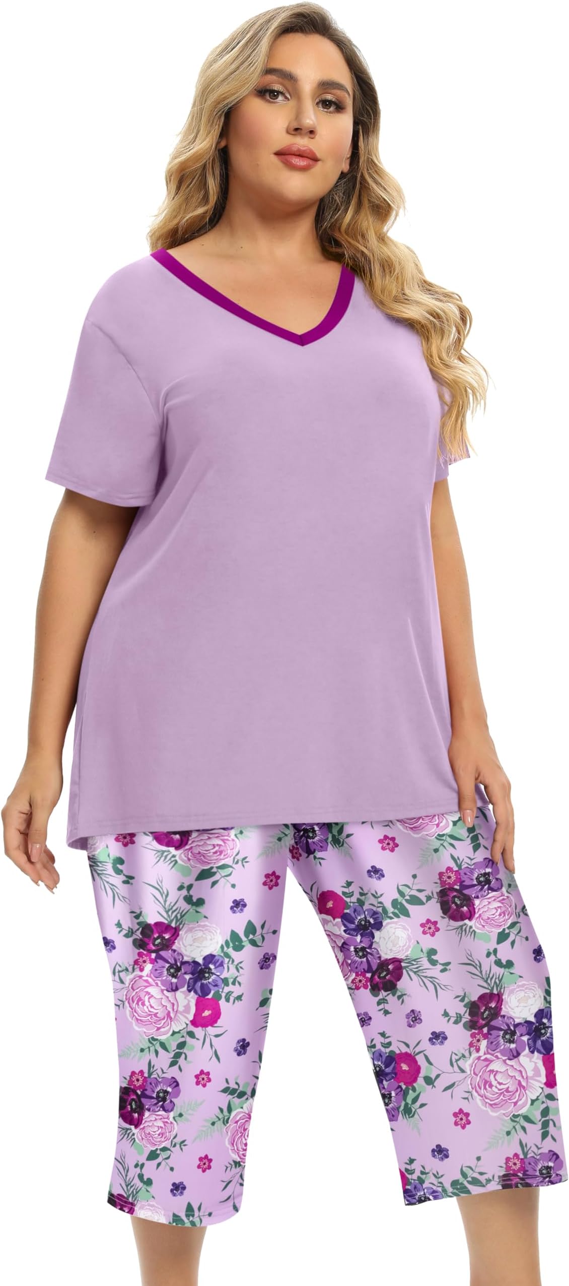 Vozanet Women's V Neck Sexy Pajamas Capri Sets Mexican Style Floral Sleepwear 2PCS Totem Casual Nighty Plus Size M to 5XL