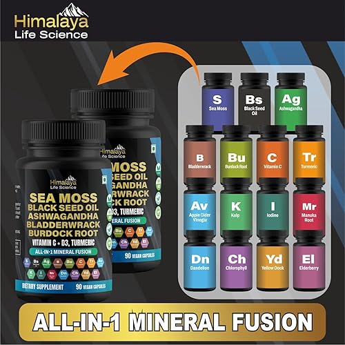 Miniatura 5 de Aceite de semilla negra de musgo marino Bladderwrack Cápsulas de bardana. Ashwagandha, cúrcuma, vitamina C, vitamina D3 con saúco, manuka, diente de