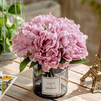 MOOMASS Artificial Peony and Glass vase, Ins Style Artificial Flower Glass Bottle Set, Suitable for Living Room, Dining Table, Office, Wedding, Hotel Banquet and Other Home Decoration. Purple Pink