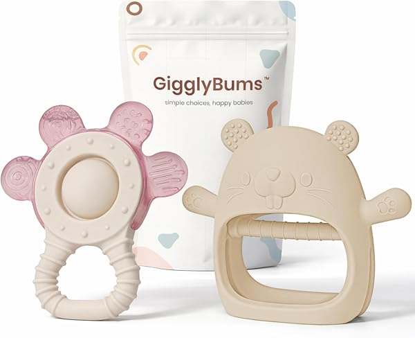 Baby Teether Set 3+ Months – Silicone & Water-Filled Cooling Teether 2-Pack, BPA-Free Sensory Teething Toys, Easy Grip, Sore Gum Relief – Baby Shower-Gift-Ready by GigglyBums - 1
