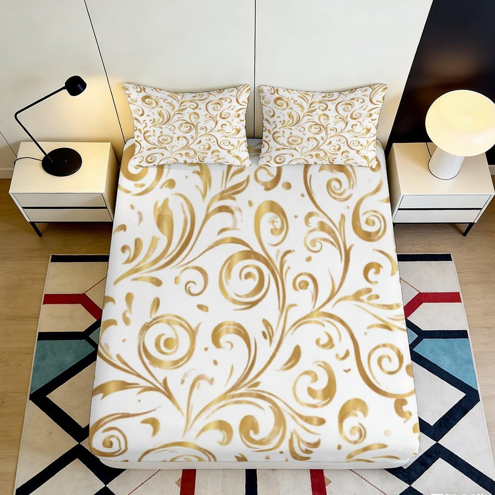 3D Printed Golden Baroque Fitted Sheet Microfiber Anti-Slip Ornate Swirl Mattress Cover for Bedroom Guest Room Decor 90x200x25cm