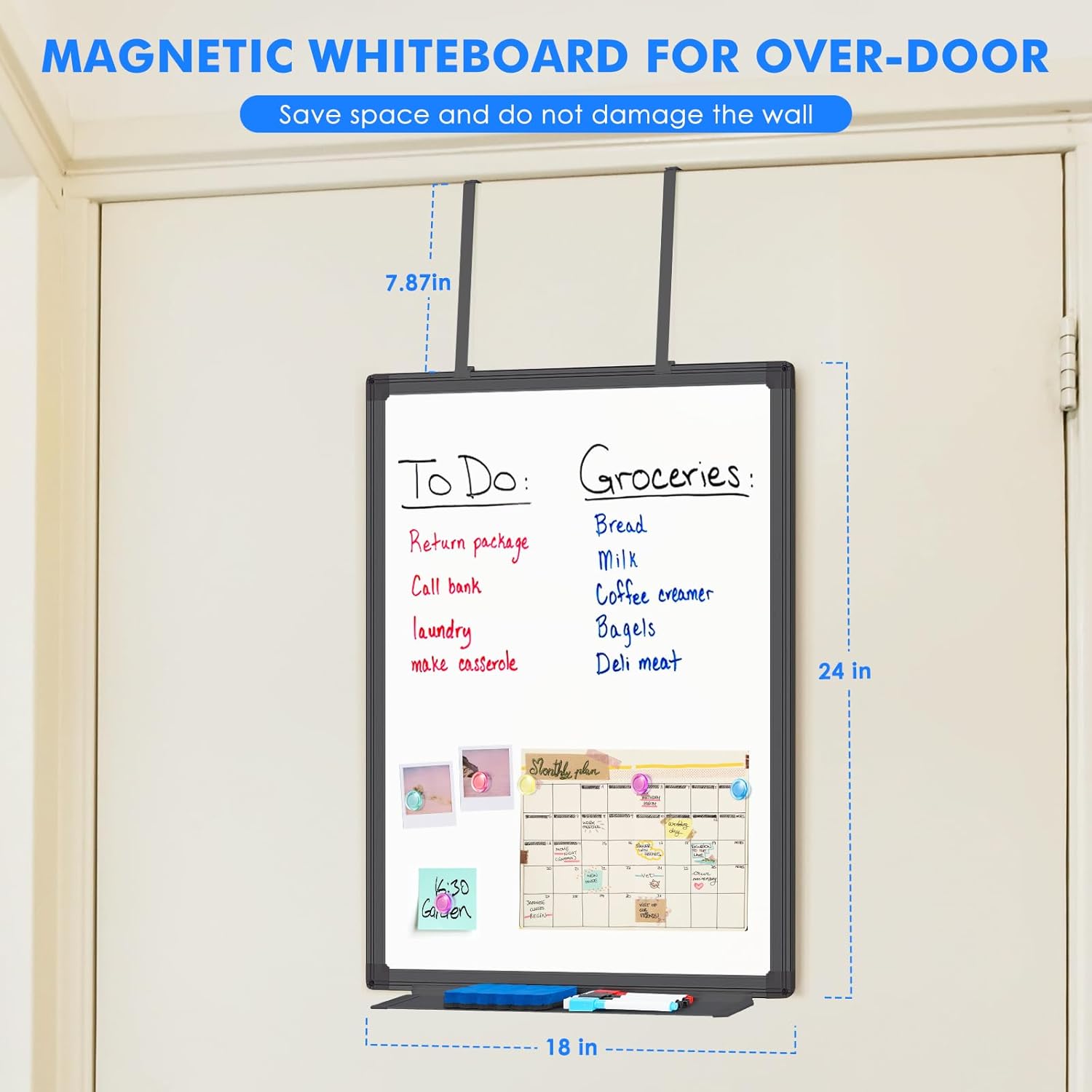 Magnetic Dry Erase Board for Doors, 24x18 Inch Whiteboard with Adjustable Long Arm Hook Mount - Easy to Install, Portable Hanging White Board for Home, Dorm Room, Office Cubicle & Small Spaces(Black)