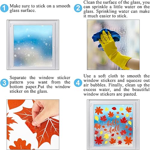 Miniatura 7 de Whaline 105 calcomanías de ventana de hojas de arce con purpurina de otoño, coloridas calcomanías de ventana de doble cara para otoño, cosecha de