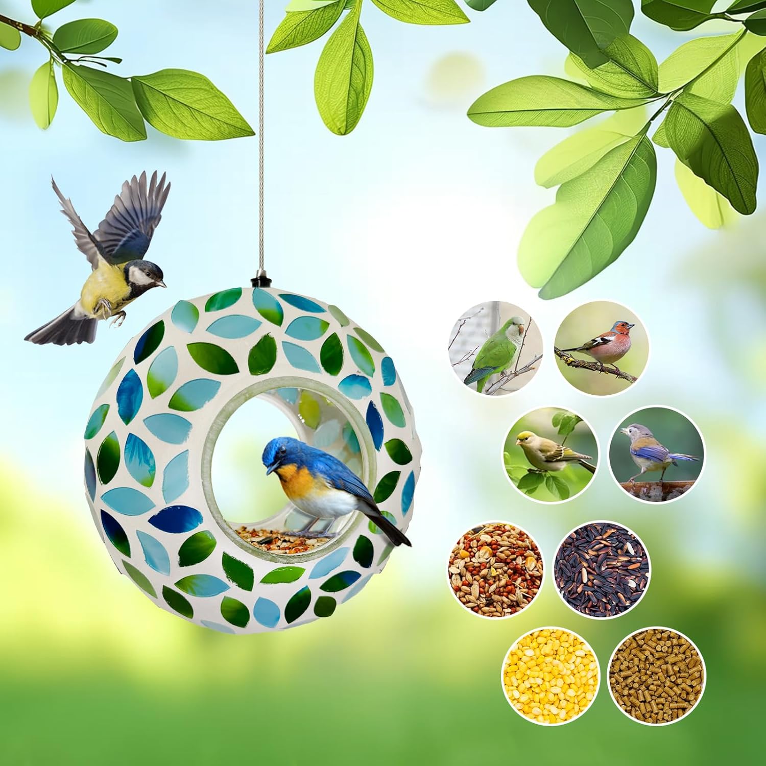 Hanging Bird Feeders for Outdoor Glass Mosaic Fly Through Wild Bird Feeder Round Shape Birdfeeder for Outside Garden Yard Patio Decoration Green