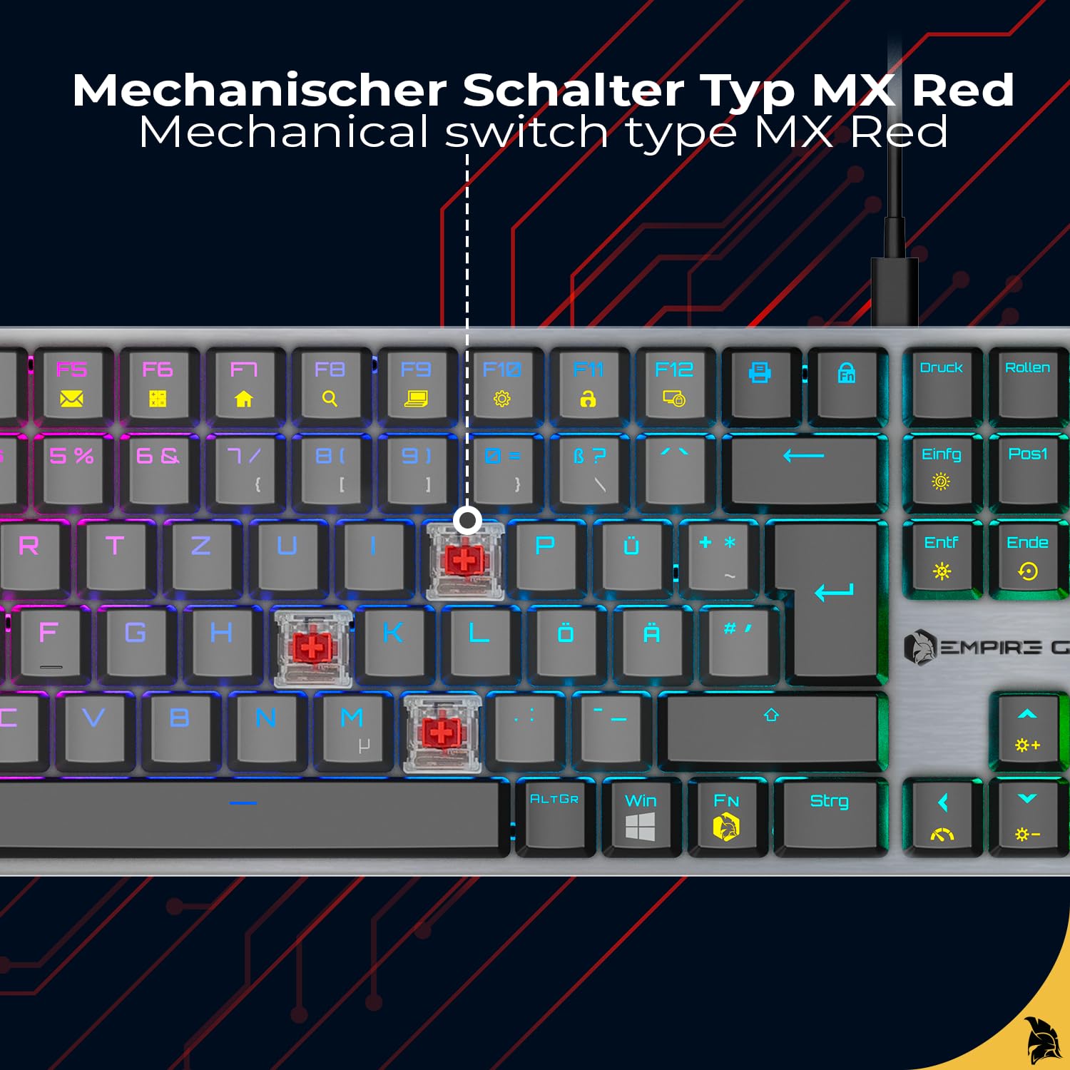 Empire Gaming K243 Mechaniczna klawiatura przewodowa układ DE (Qwertz), 111 klawiszy, odłączane USB-C, przełączniki MX Red, podświetlenie RGB z 24 efektami, funkcja Anti-Ghosting NKRO, do PC i konsoli