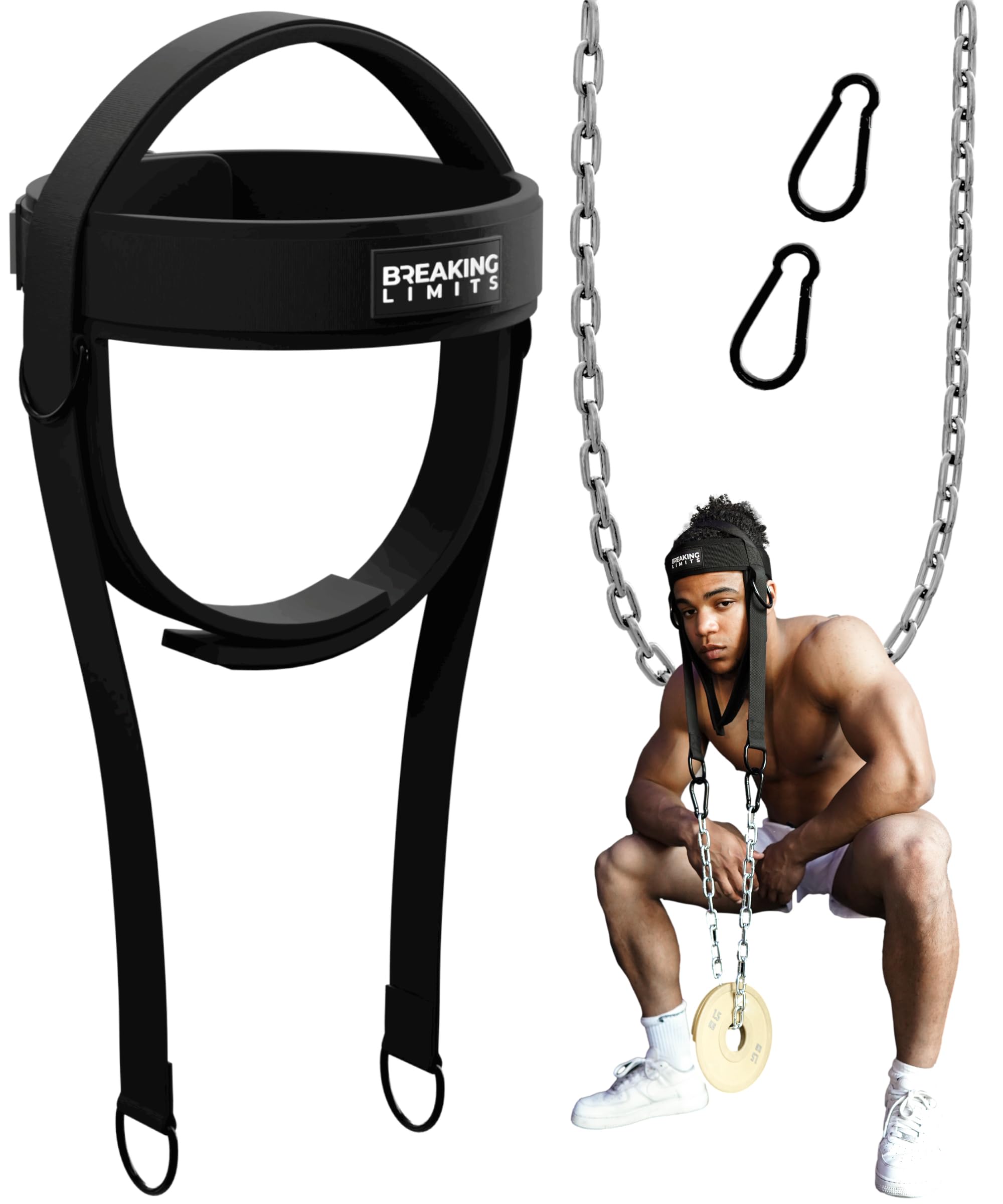 Breaking Limits Allenatore cervicale – Collo Harness con chiusura in velcro, testa e sottogola per arti marziali, attrezzatura per l'allenamento del collo, catena lunga 81 cm