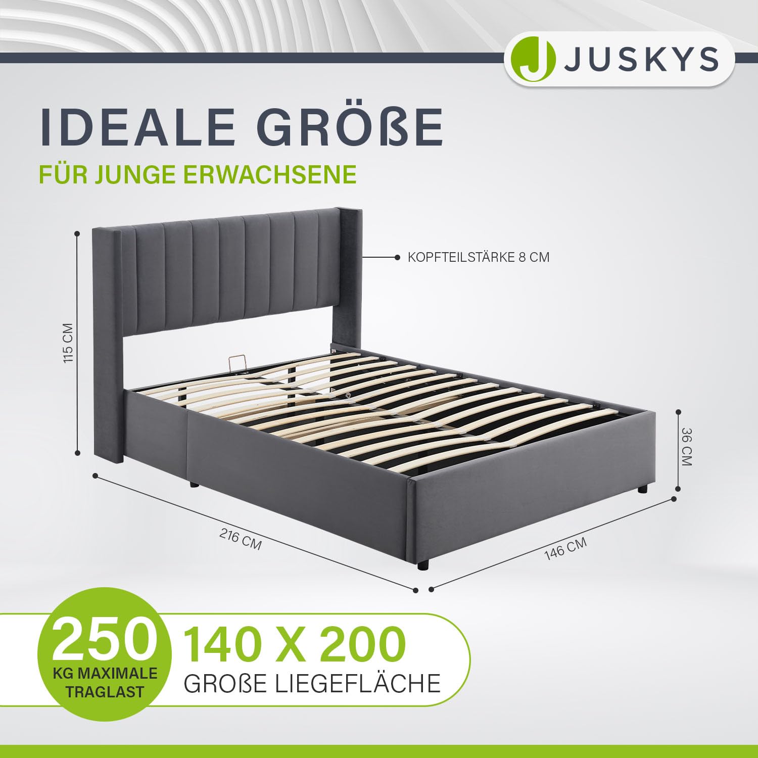 Juskys Polsterbett Savona 140x200 cm mit Matratze, Bett mit Stauraum, Samt-Bezug, Bettgestell aus Holz, bis 250 kg, großes Kopfteil, Dunkelgrau