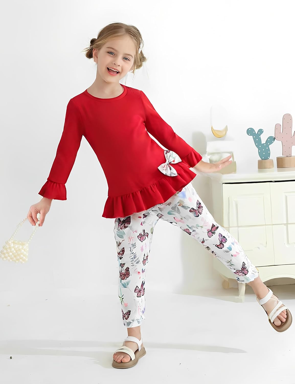 Toddler Girl Clothes Bowknot Ruffle Sleeve Top + Butterfly Pants 2PC Kids Fall Winter Outfit Set - Image 3