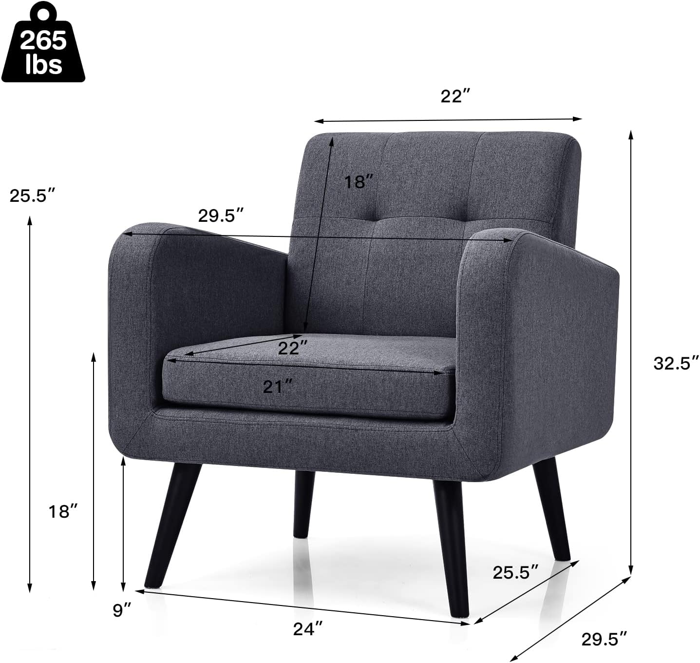 KOMFOTT Modern Upholstered Accent Chair, Mid-Century Living Room Single Sofa with Rubber Wood Legs, Linen Fabric Comfy Reading Chair, Armchair for Bedroom, Apartment, Grey