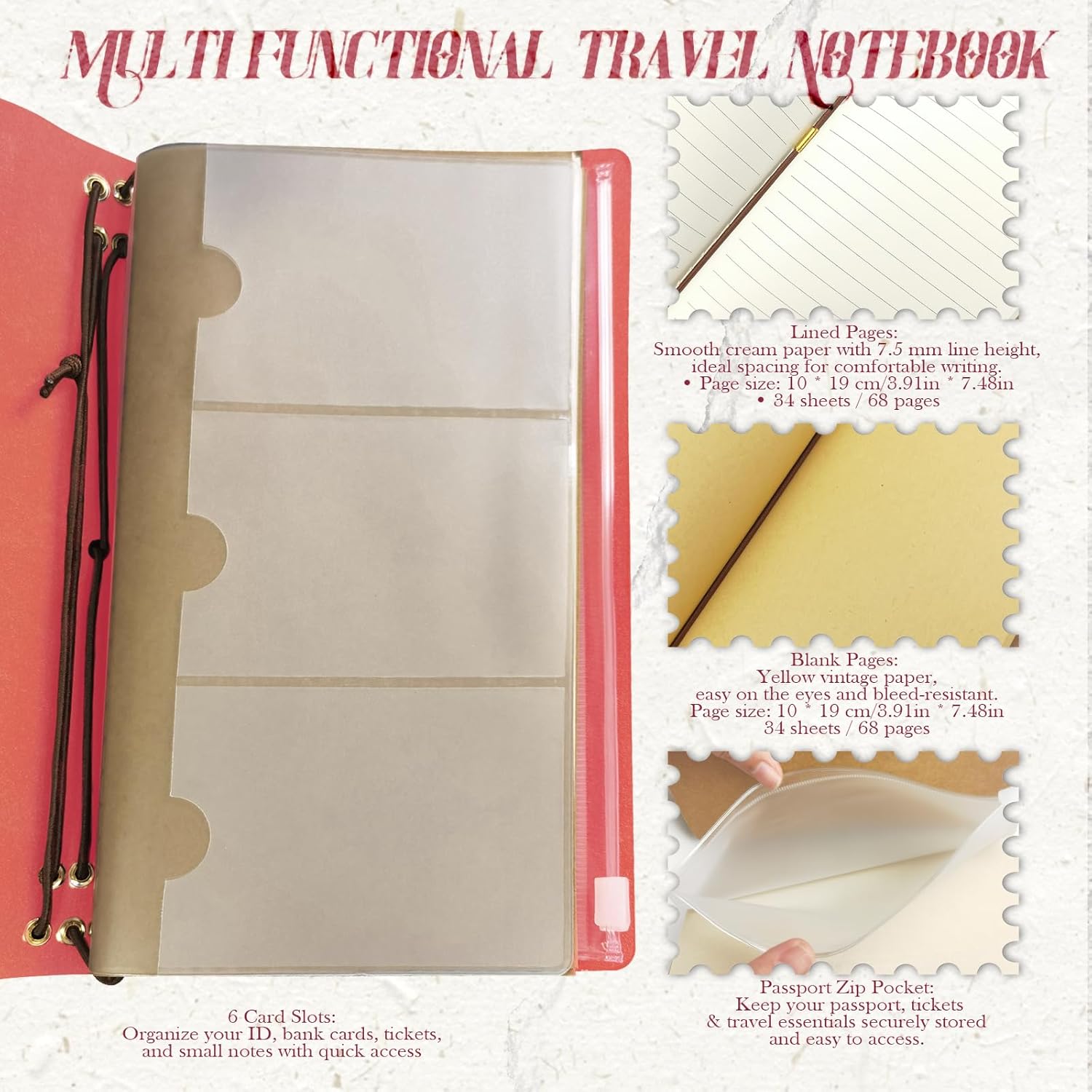 Handmade Travel Notebook Passport Holder – Vegan Leather Refillable Traveler’s Journal with Passport Pocket, Card Slots, Lined Inserts, Pen, Metal Clip & Velvet Bag | A6 Pocket Travel Diary & Planner
