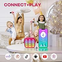 Vista 6 de Mini máquina de karaoke para juguetes para niños, altavoz Bluetooth portátil con 2 micrófonos inalámbricos, regalos de cumpleaños para niñas de 3