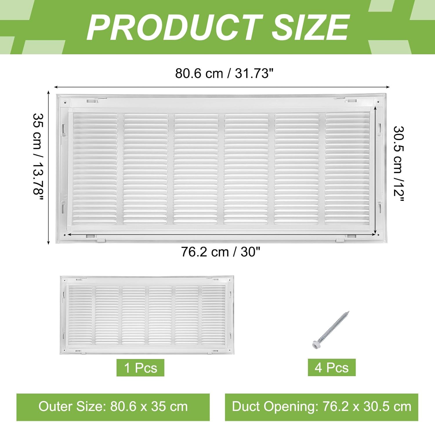 PATIKIL 30" x 12" Duct Opening Vent Cover, Air Supply Grille Register Return Air Filter Grille Removable Face/Door for Home Ceiling Wall Floor, White-Outer Size: 31.7" x 13.8"