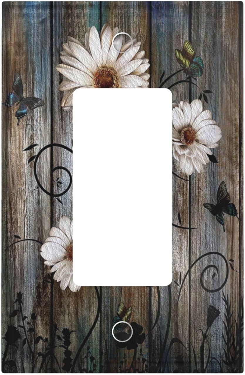 Rustic Butterfly Daisy 1 Gang Single Rocker Light Switch Cover Farmhouse Brown Wood Decorative Faceplate Vintage Lightswitch Wall Plate for Kitchen Bedroom Bathroom