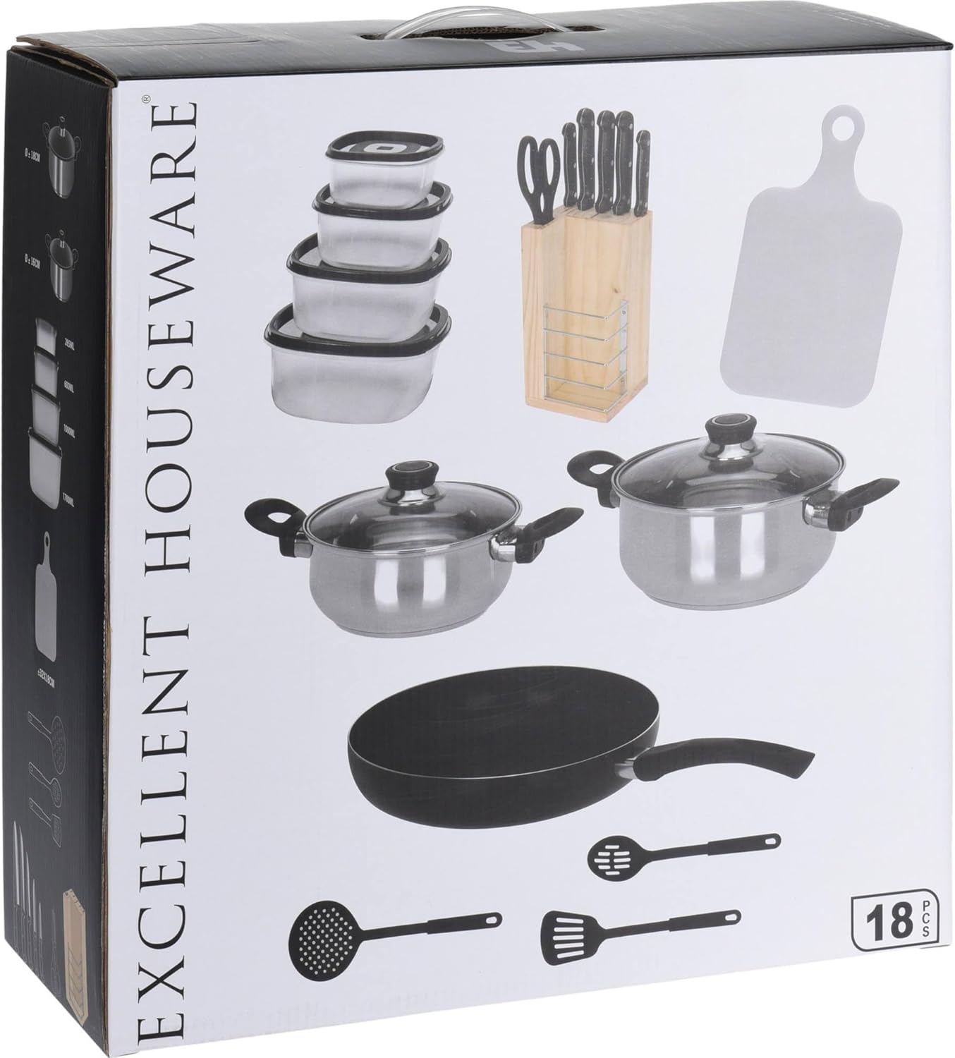WELL HOME MOBILIARIO & DECORACIÓN 18 Piece Cookware Set (1 x Pan + 2 x Pots + 1 x Cutting Board + 1 x Scissors + 3 x Nylon Utensils + 4 x Tuppers + 1 x Wooden Block