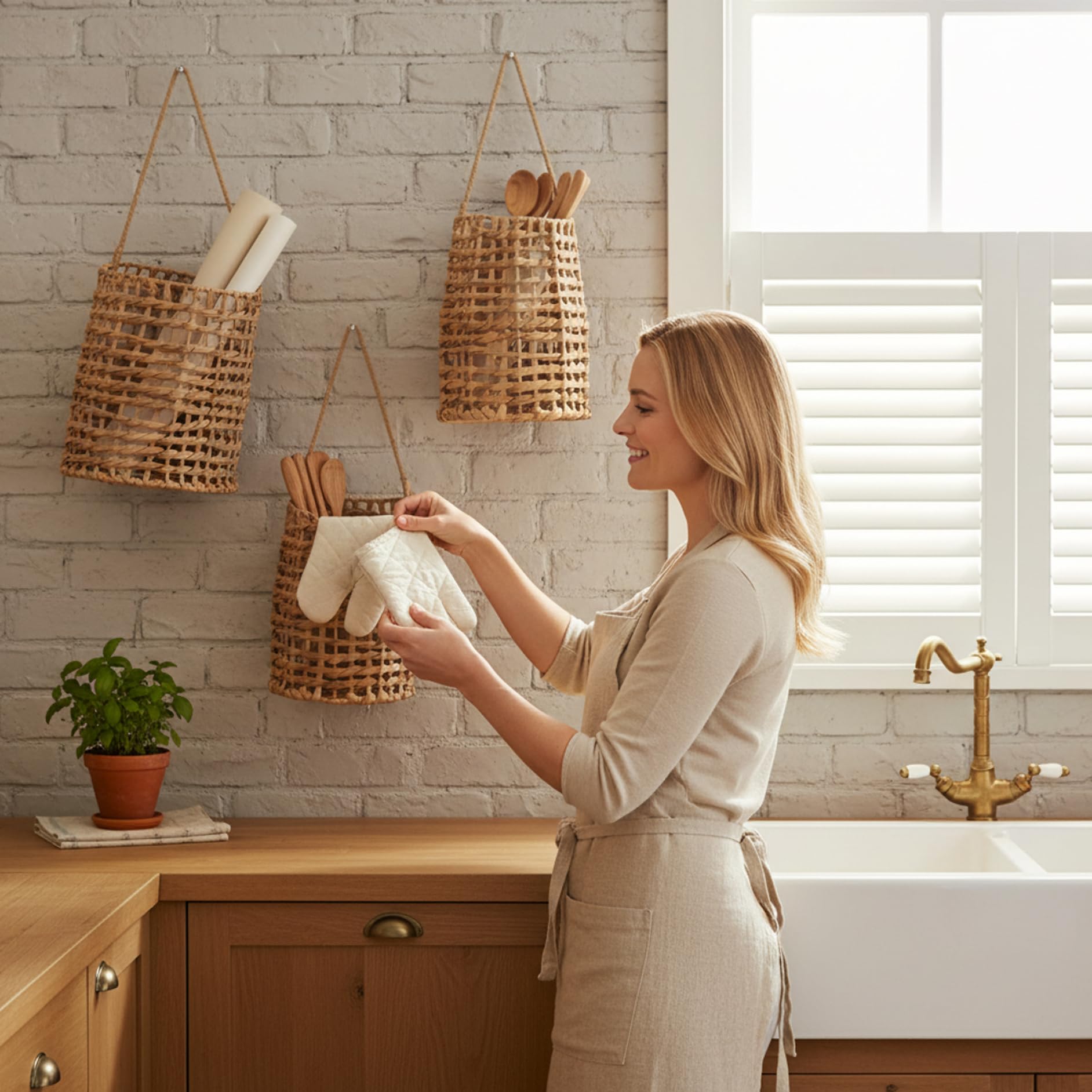 Cesto da appendere in vimini, cesto da appendere a parete intrecciato a mano, cestini da parete in rattan naturale, decorazione multiuso per cucina, bagno, soggiorno, casa, 15, 2 x 9, 1 x 30, 5 cm.