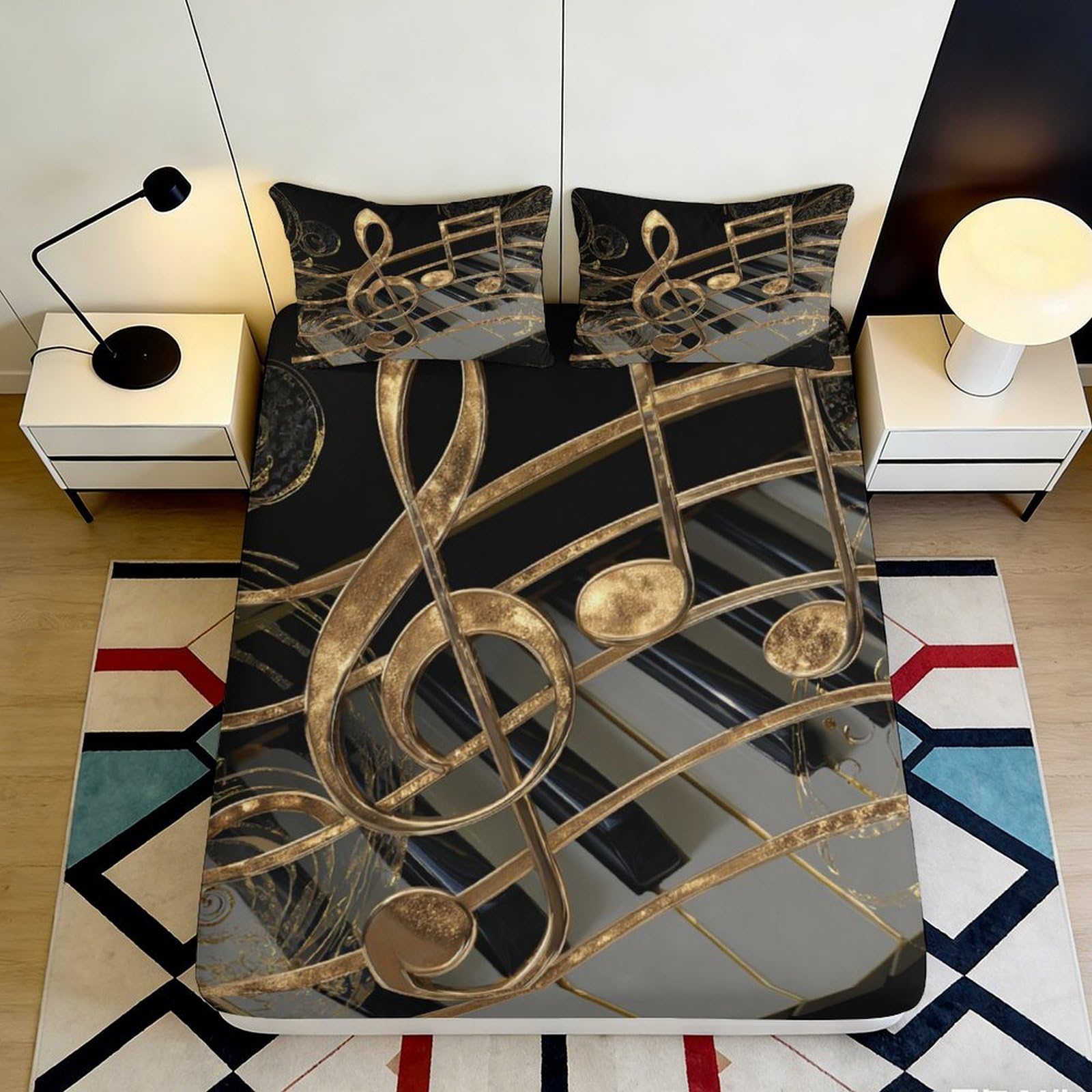 3D Printed Gold Musical Notes Fitted Sheet Microfiber Soft Black Piano Bed Cover for Bedroom Guest Room Decor 200x200x25cm