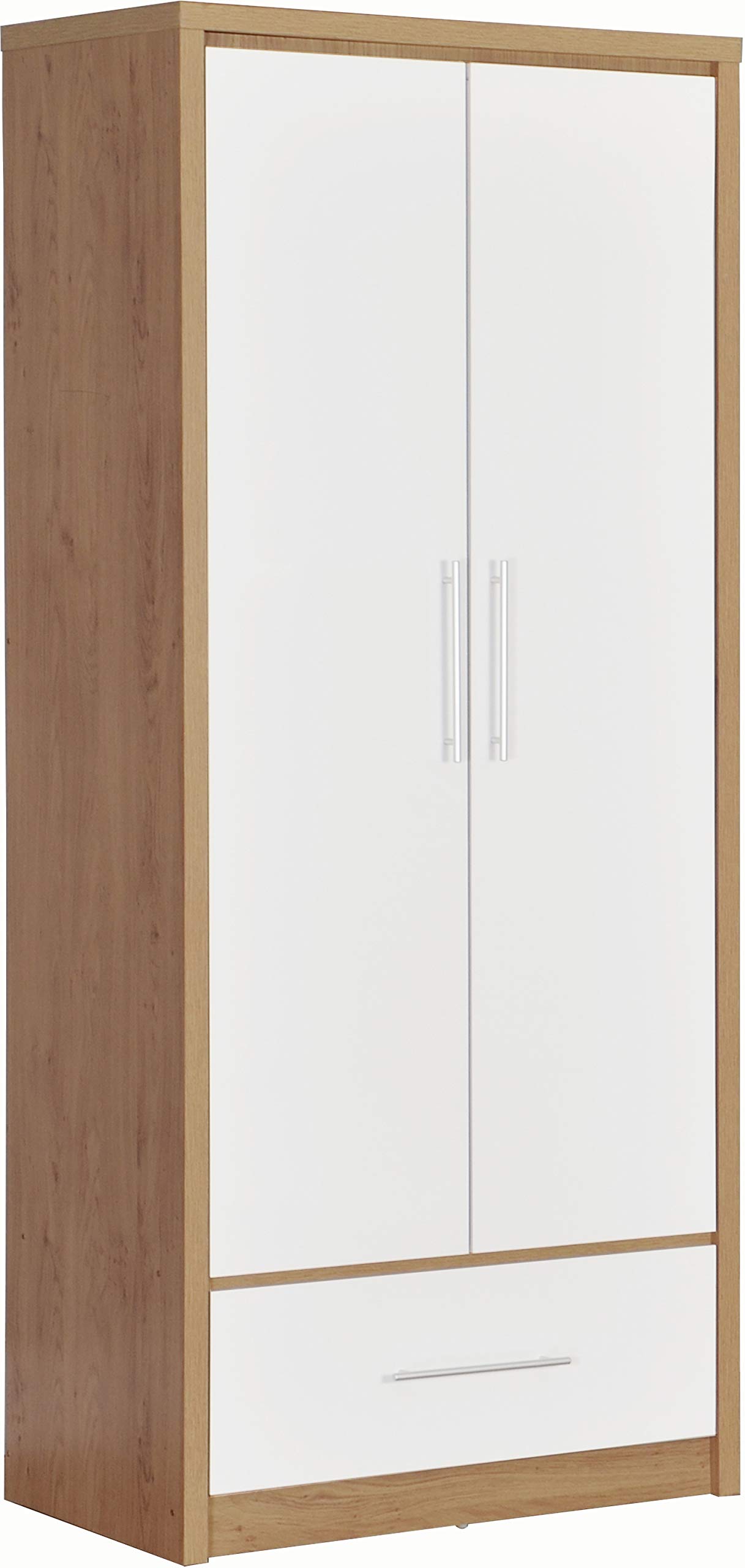 Seconique Seville 2 Door 1 Drawer Wardrobe White Gloss Oak Effect Veneer Hanging Rail