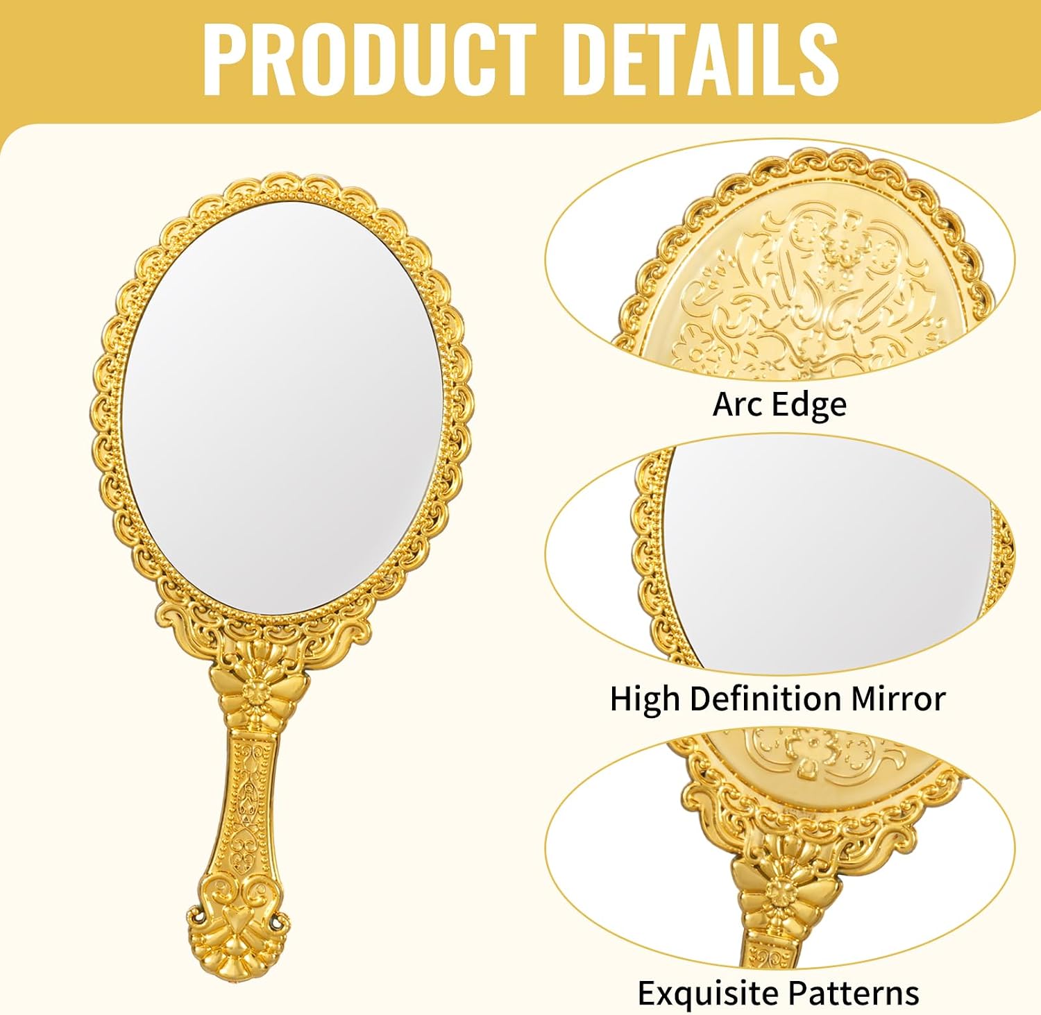 Rainmae 50 Pack Vintage Handheld Mirrors for Makeup, Gold Embossed Floral Portable Princess Mirror with Handle, Decorative Travel Cosmetic Purse Mirror for Women, Party Favors, Classroom
