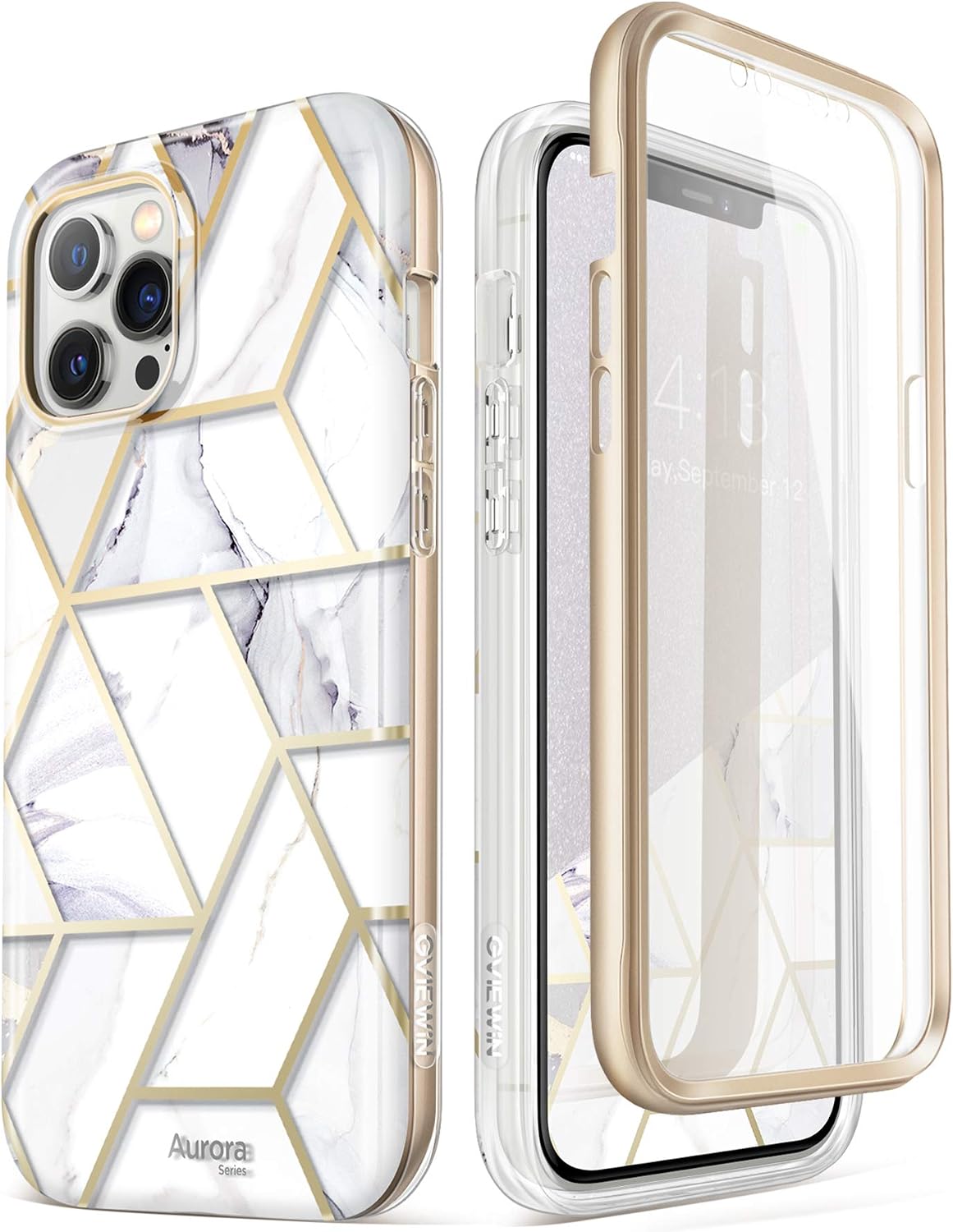 GVIEWIN Aurora+ Case Compatible with iPhone 12 Pro Max 6.7 Inch (2020 Release), [Built-in Screen Protector] [Full-Body Protection] Shockproof Slim Stylish Marble Cover Case (Geo/White)