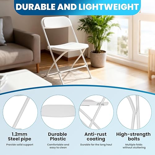 Miniatura 5 de 10 White Folding Chairs, Stackable & Suitable for Indoor & Outdoor Use. Features a Sturdy Steel Frame Supporting Up to 350 Pounds, Ideal for Events,