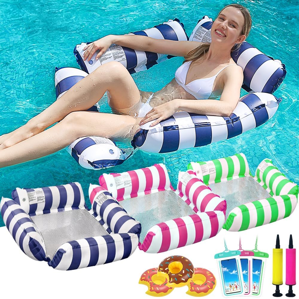 3 Pack Inflatable Pool Floats Adult, Pool Float Rafts Water Hammock with Cup Holders, Pool Floaties for Adults Swimming Pool Lake Beach (Color B)