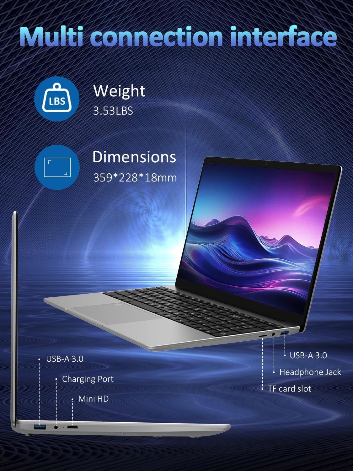Auusda 15.6" Silver Laptop, N-Series Quad-Core up to 3.6GHz, 16GB DDR4 RAM, 1TB SSD, FHD Display, Fingerprint, Backlit Keyboard, 8000mAh Battery, Lightweight Notebook for Work & Study — view 5