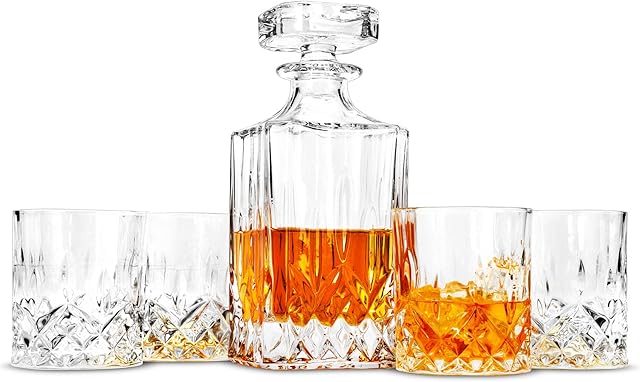 LANFULA Whisky Glasses and Decanter Set, 750 ml Non-Lead Crystal Scotch Decanter with 4 × 300 ml Glasses, Gift for Christmas, Beautiful Gift Box
