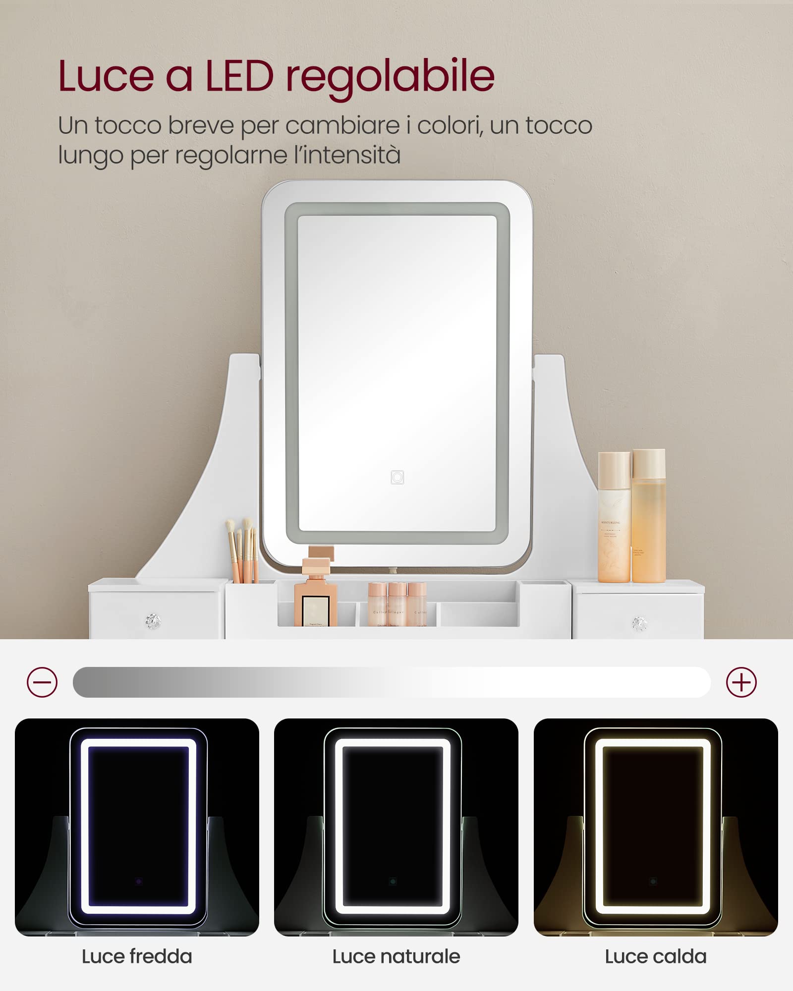 Toeletta Con Luci LED VASAGLE - Specchio, Cassetti, Bianco - Foto 11