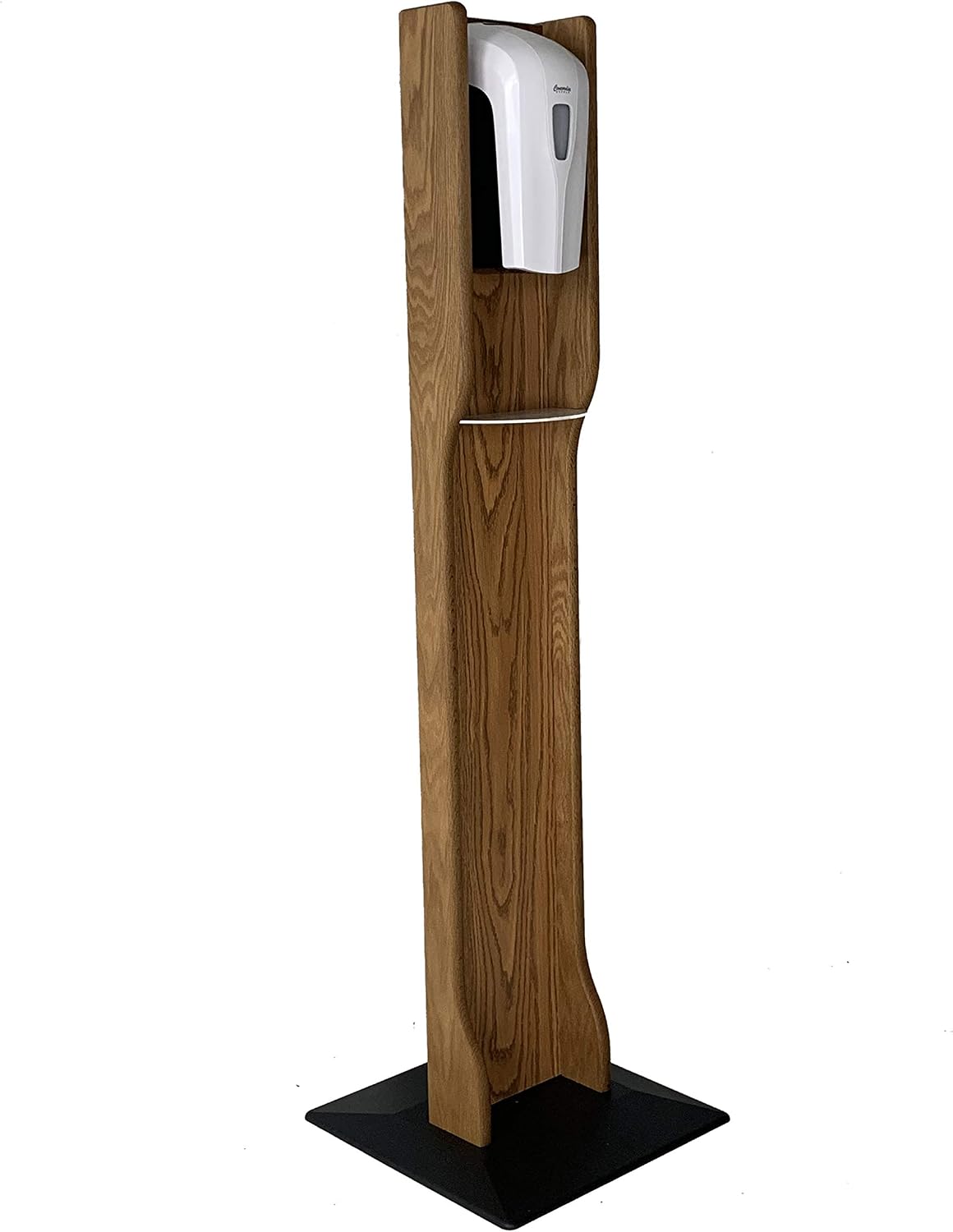 Wooden Mallet Gel Hand Sanitizer Dispenser on Elegant Wooden Floor Stand, with Drip Catcher, Medium Oak, Made in The USA, in-Stock to Ship Immediately