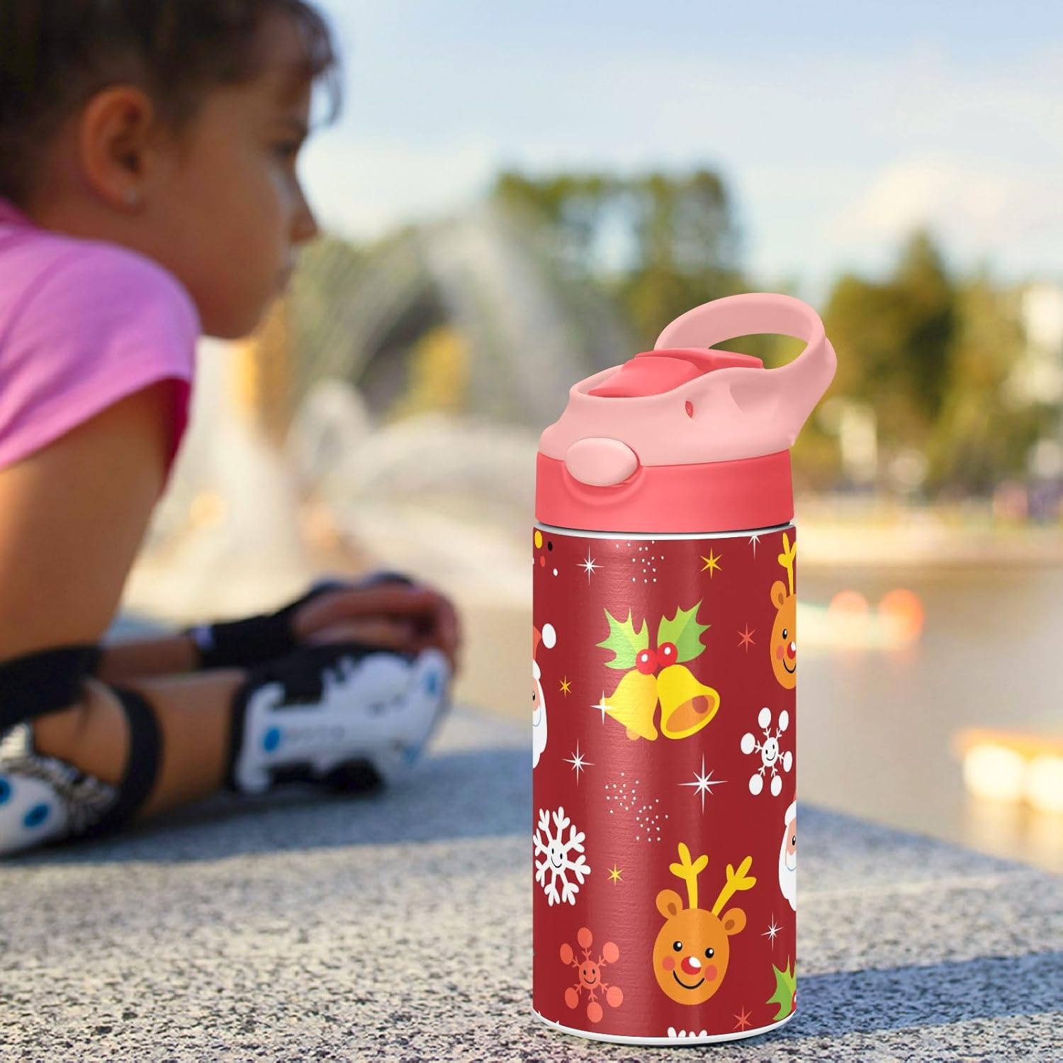 ALAZA Christmas Reindeer Santa Kids Water Bottles with Lids Straw Insulated Stainless Steel Water Bottles Double Walled Leakproof Tumbler Travel Cup for Girls Boys Toddlers 12 oz,Pink - Image 6